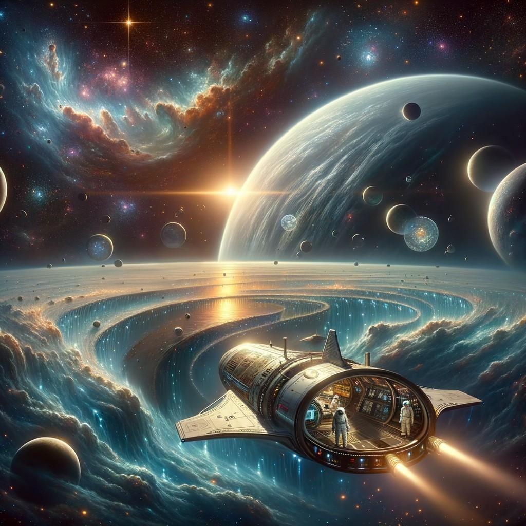 Astronauts in space beside spacecraft with swirling galaxies, planets, and stars