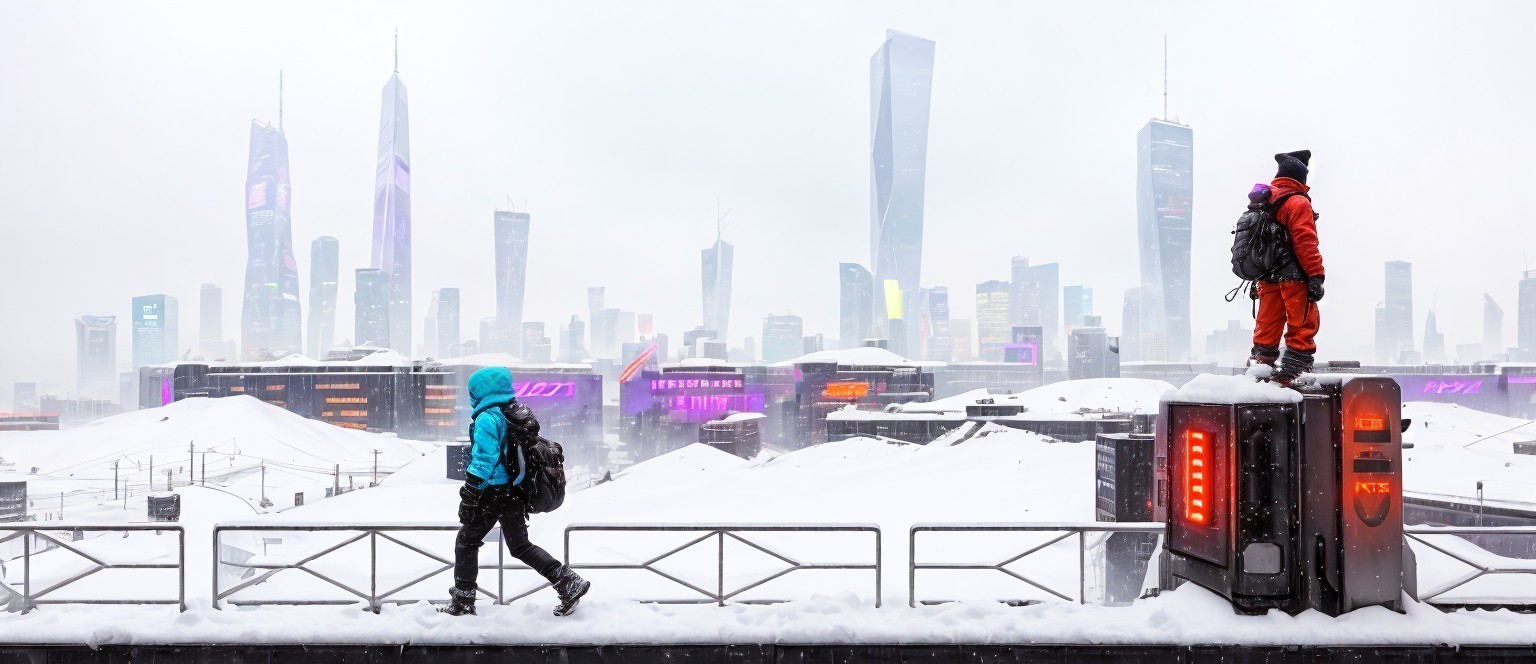 Futuristic Snowy Cityscape with Neon Skyscrapers
