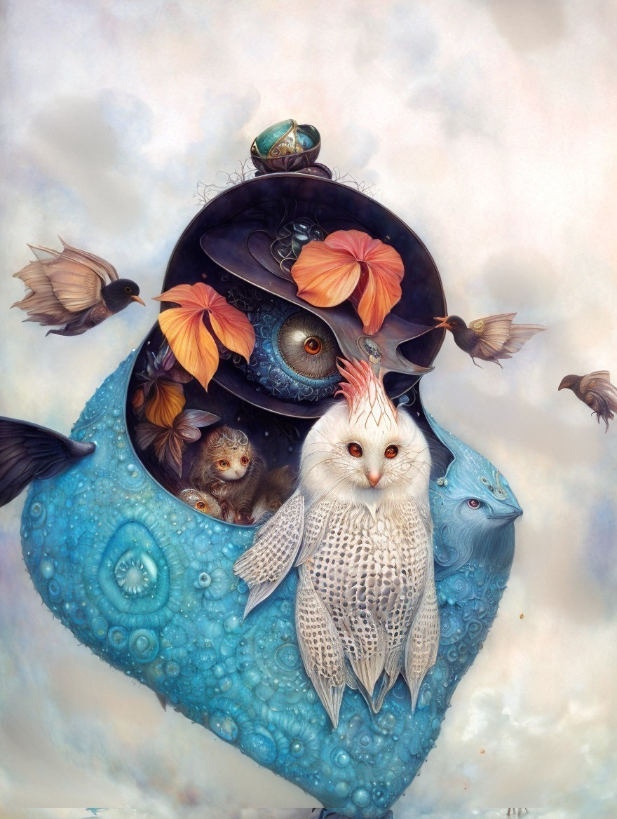 Surreal Owl Art with Nested Creatures, Colorful Leaves, Beetle, and Dreamy Sky Background