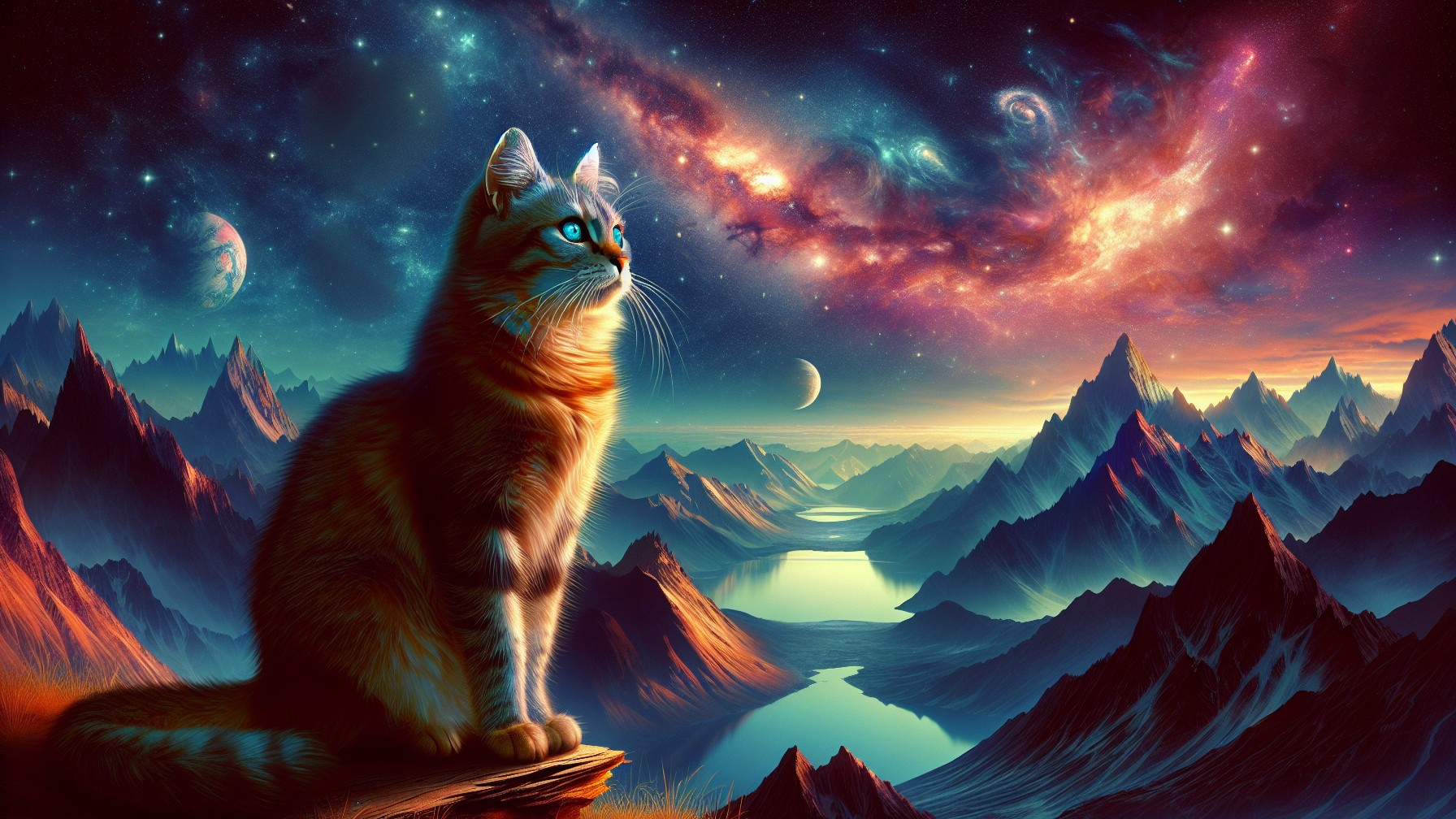 Orange Cat on Rocky Ledge in Cosmic Landscape