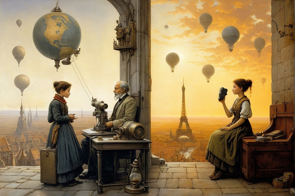 Young Girl and Inventor in Vintage Workshop Scene