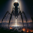 Futuristic structure in desolate landscape with light beam