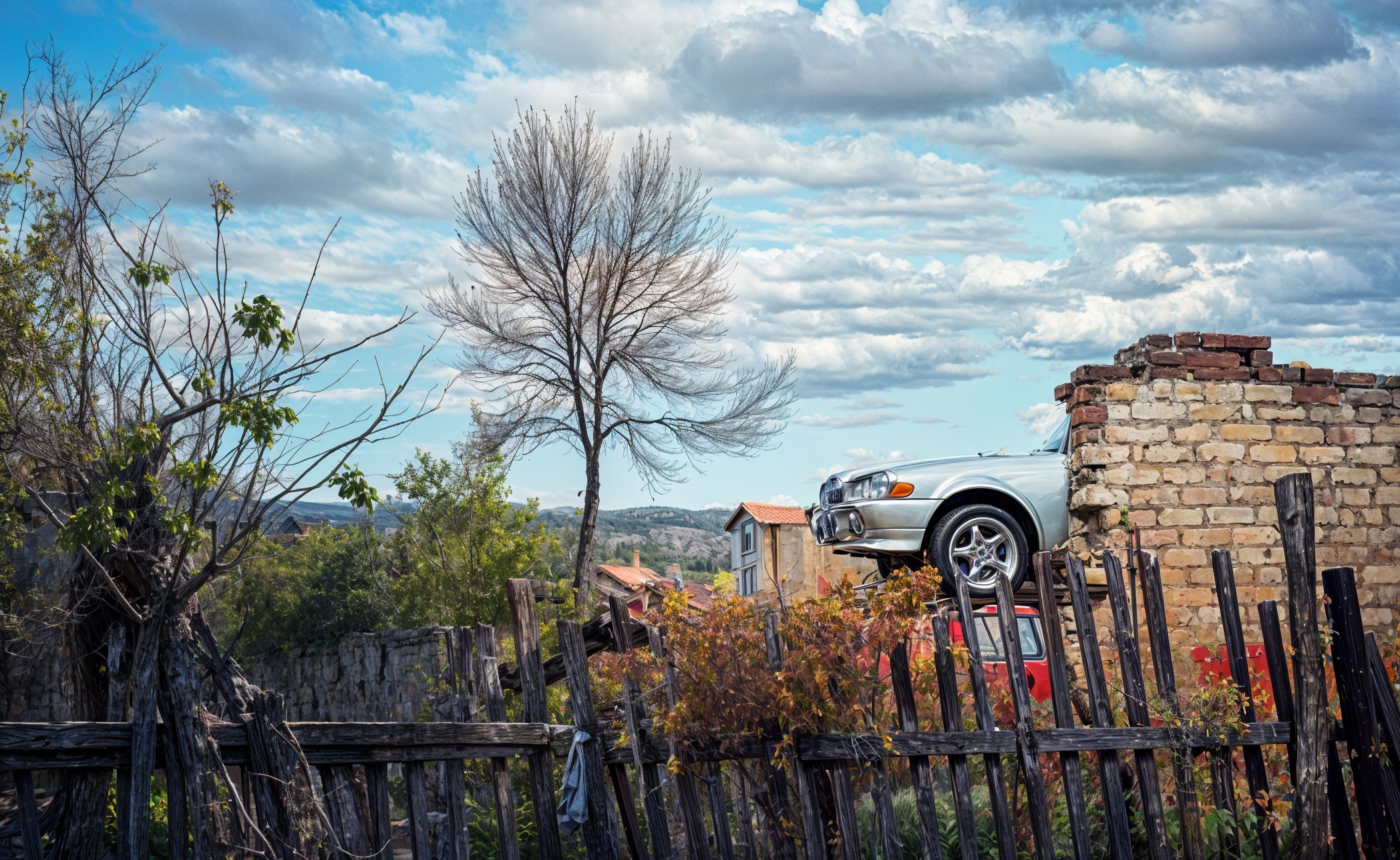 Silver SUV Parked on Red Car in Outdoor Junkyard