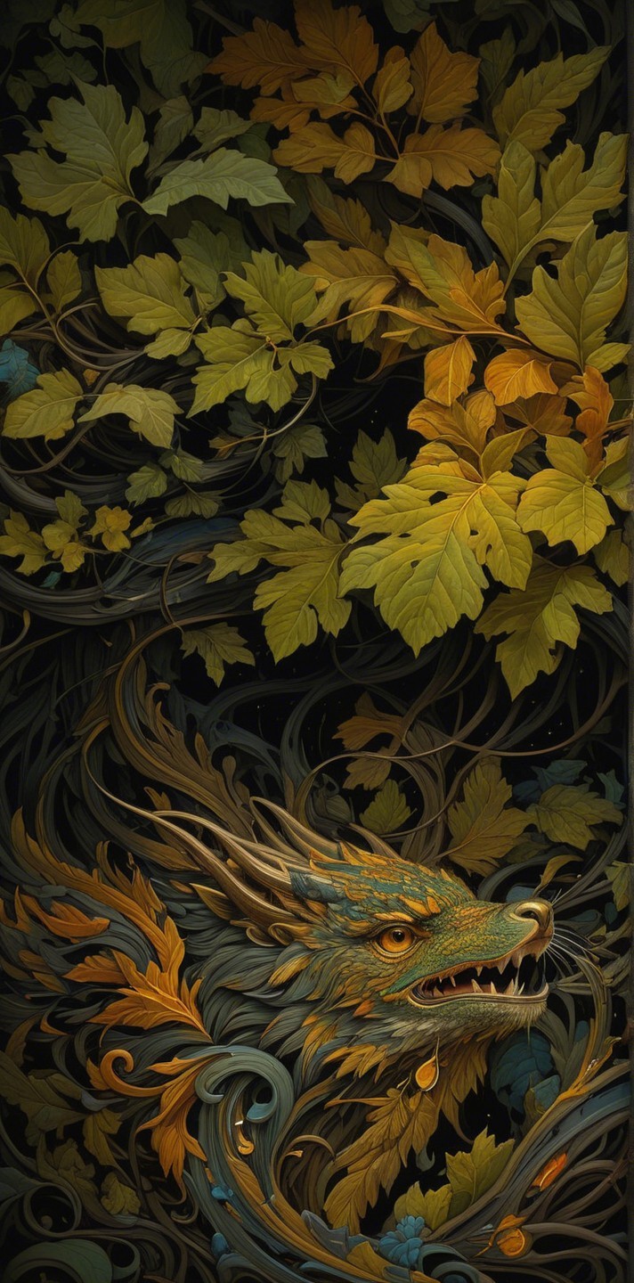 Intricate mythical creature with vibrant patterns and foliage