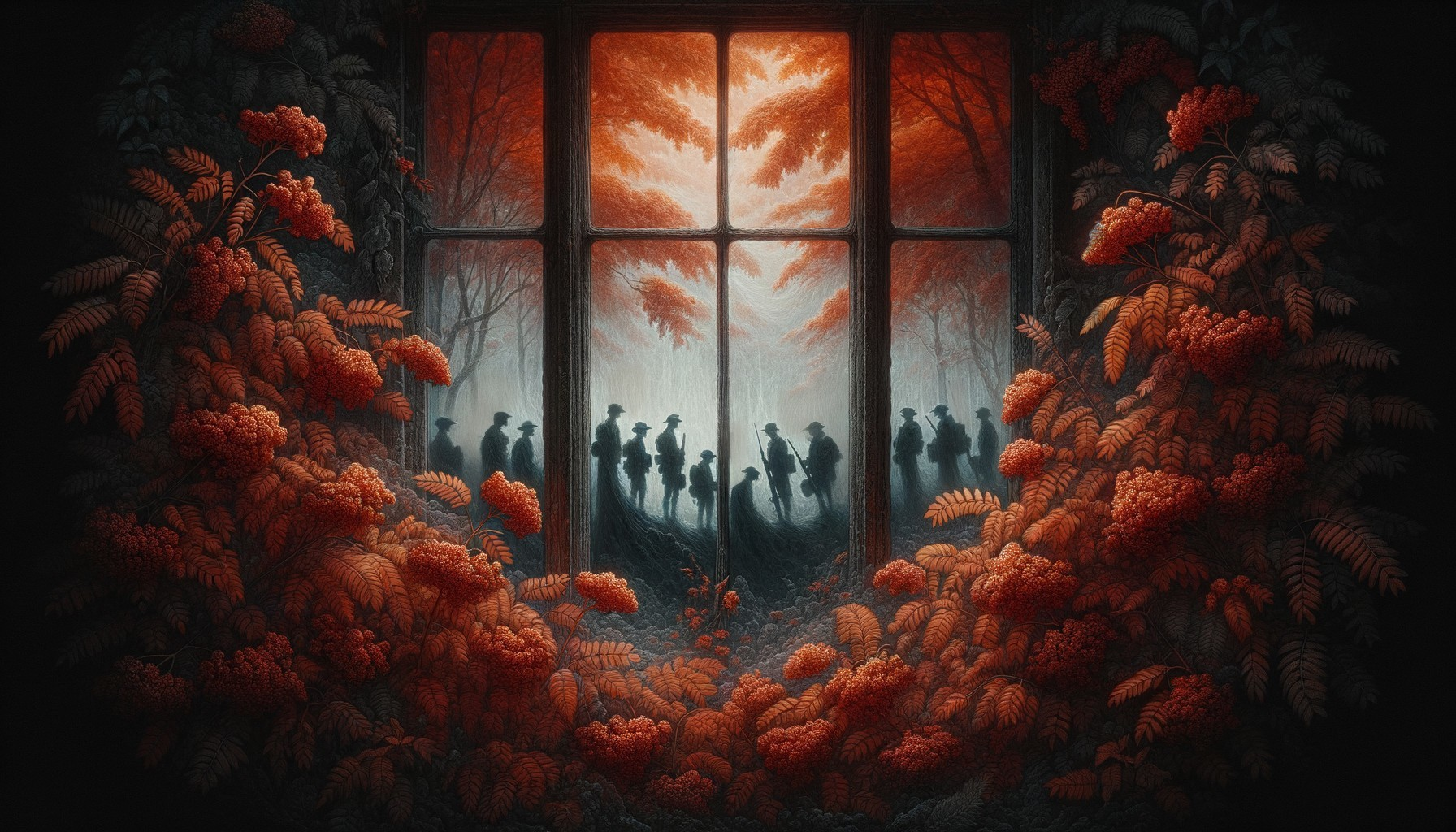 Haunting Scene of Figures in Misty Forest Through Window