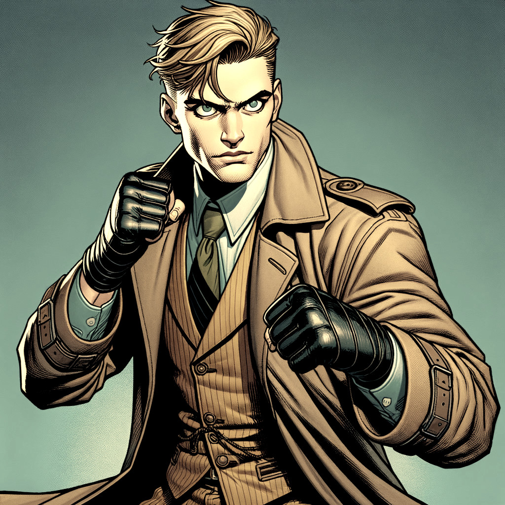 Stylized Character in Vintage Trench Coat and Vest