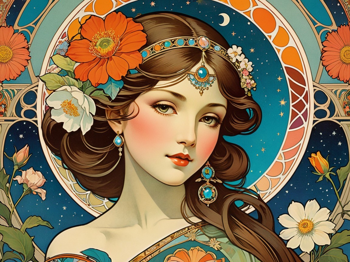Illustration of a woman with flowers and celestial background