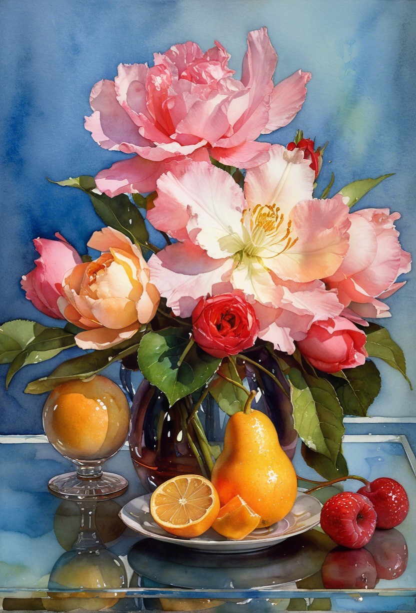 Vibrant Still Life with Peonies, Roses, and Fruits