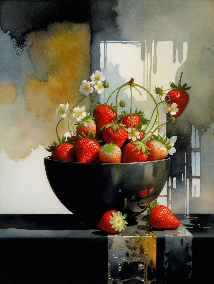 Vibrant Bowl of Ripe Strawberries with Flowers