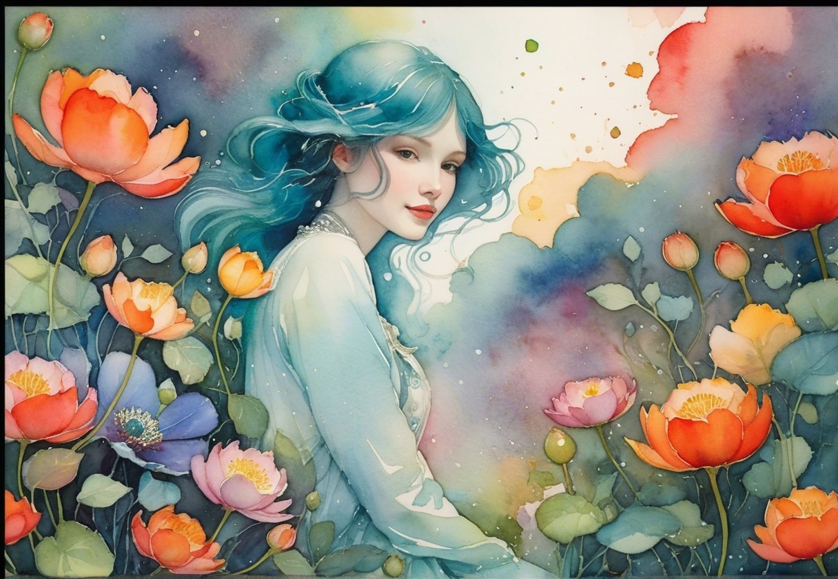 Serene Portrait of Woman with Blue Hair and Flowers