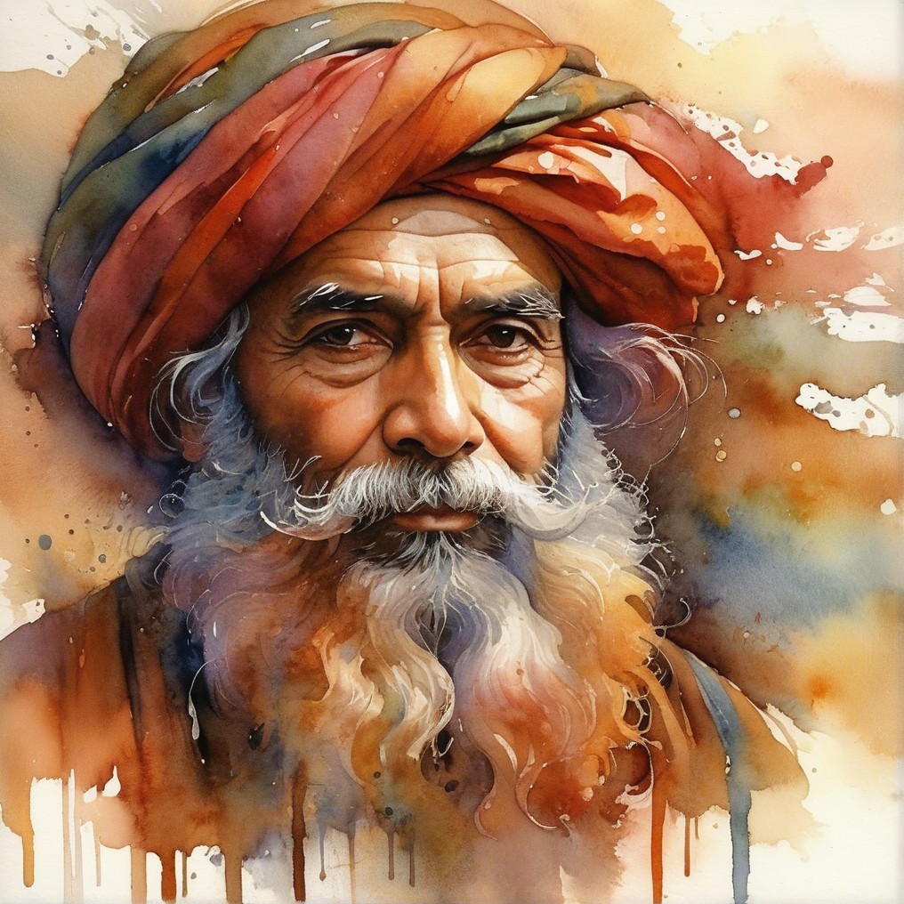 Weathered Man with Multicolored Turban and Beard