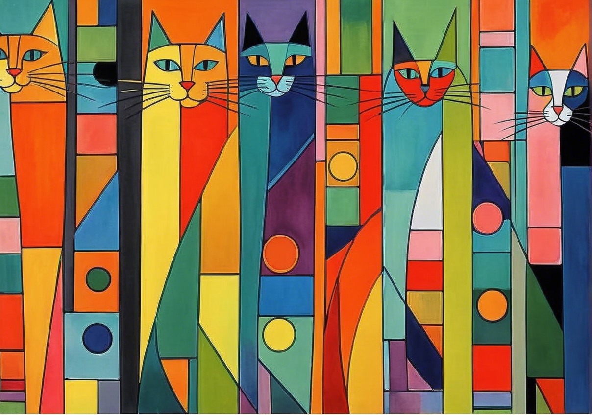 Abstract Painting of Colorful Cats with Geometric Shapes