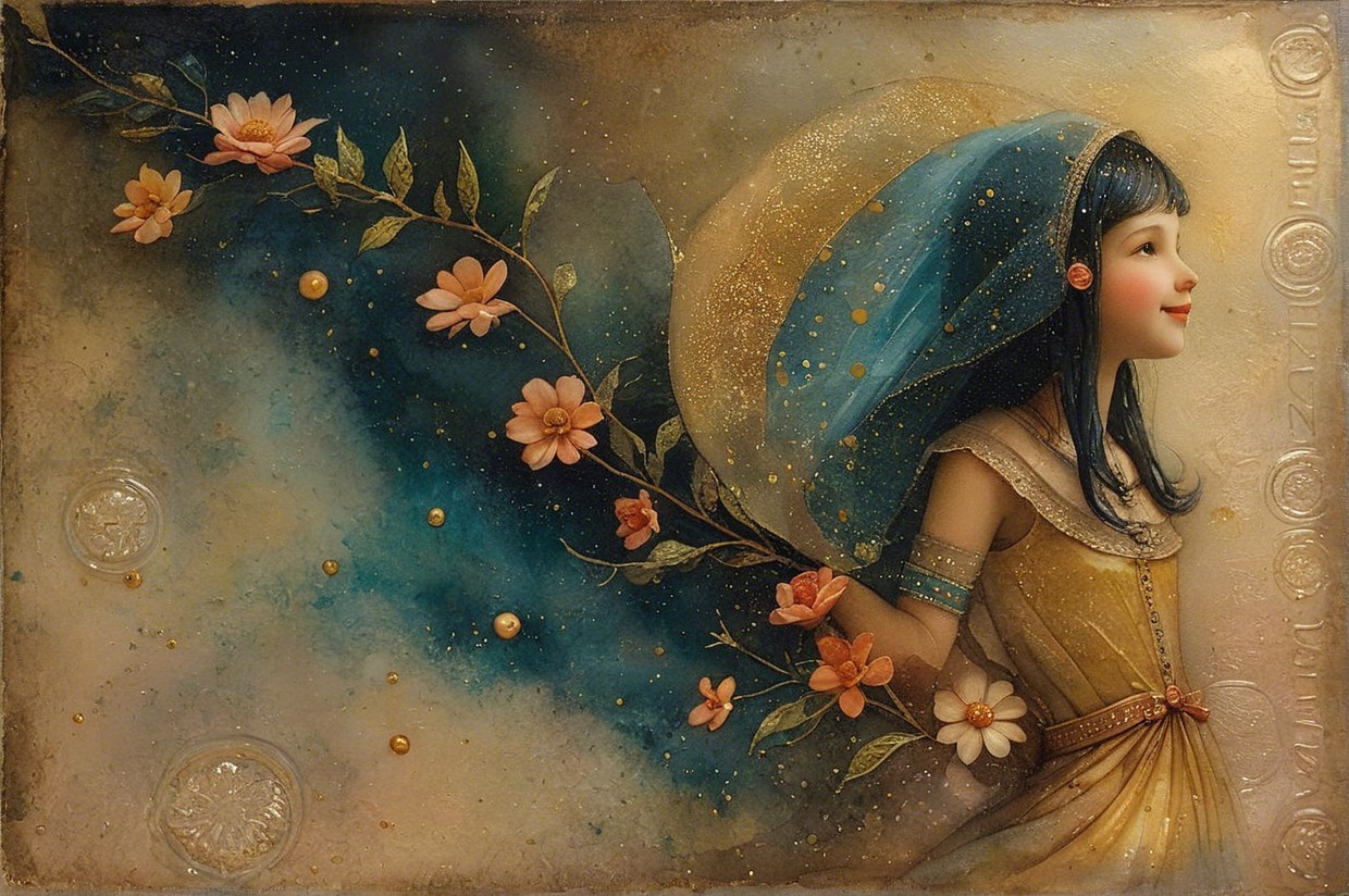 Whimsical Portrait of a Young Girl in Golden Gown