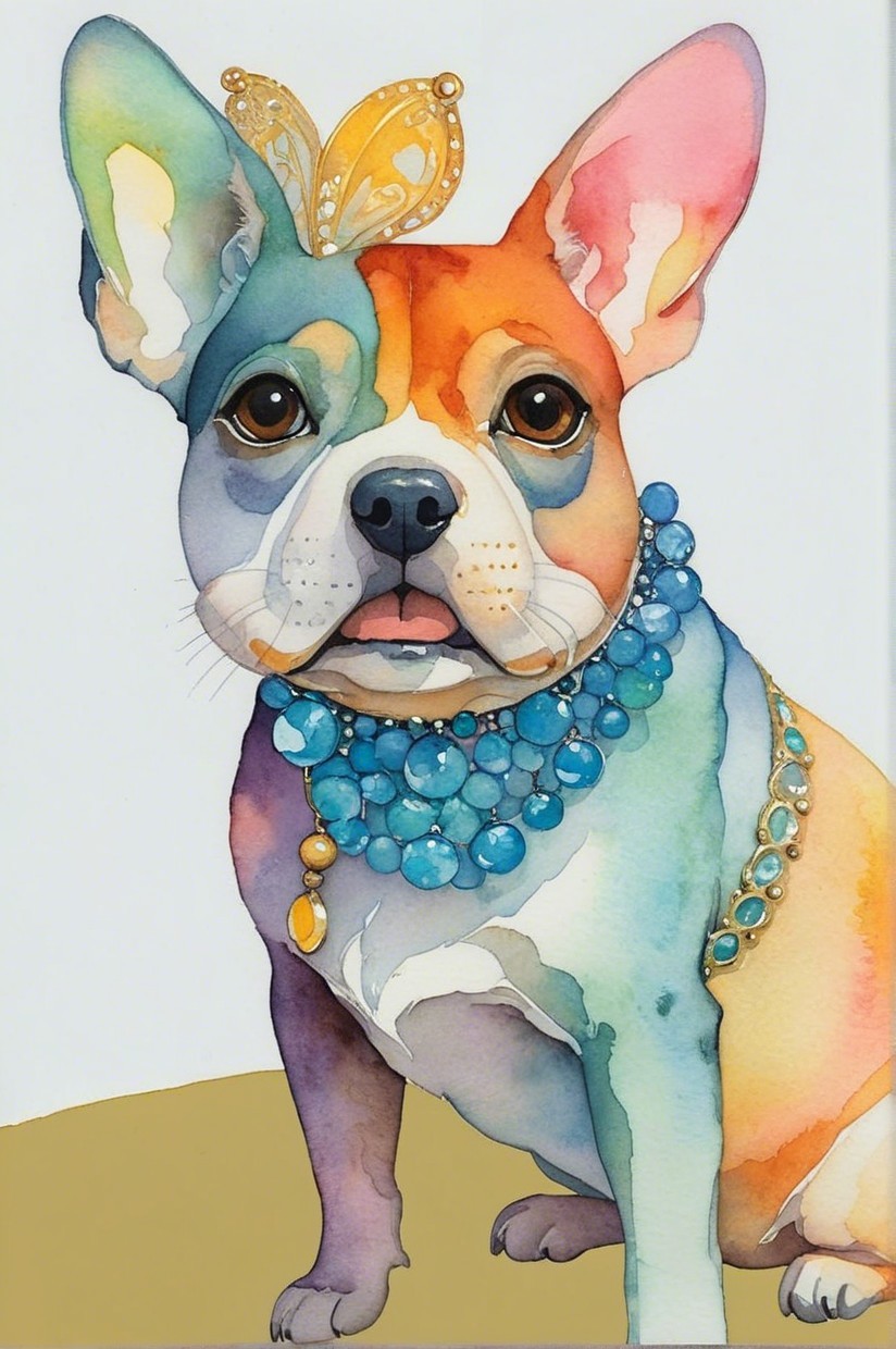 Watercolor Illustration of a French Bulldog in Colorful Coat