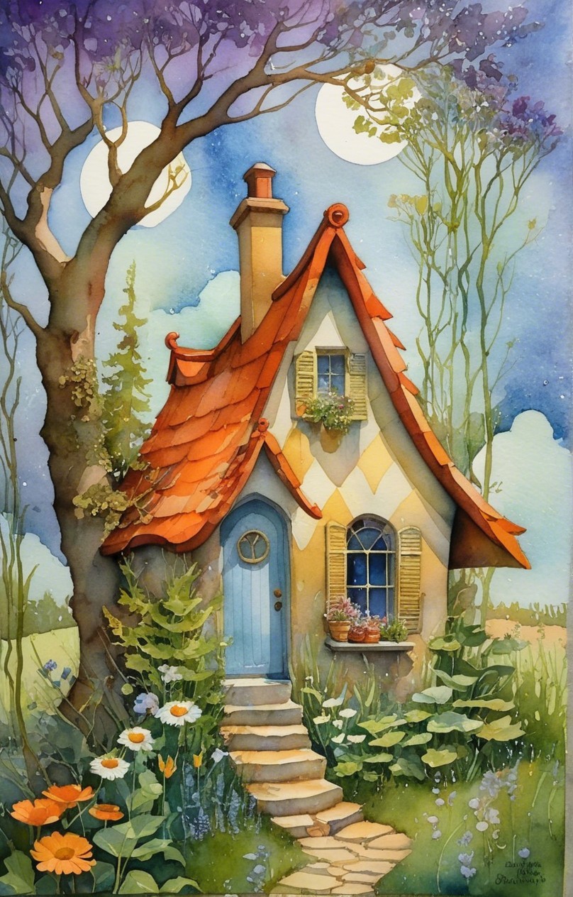 Watercolor Cottage Surrounded by Lush Greenery and Moons