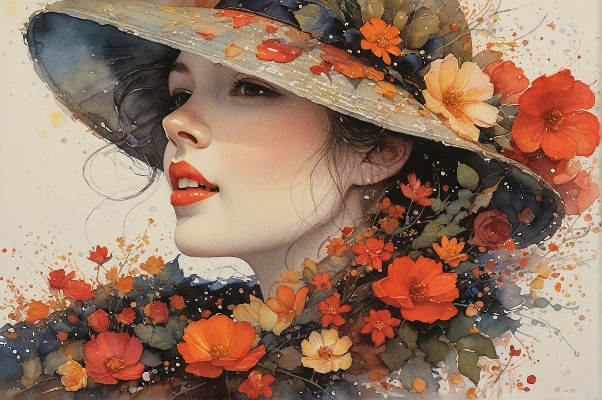 Elegant Woman with Floral Hat and Colorful Blossoms