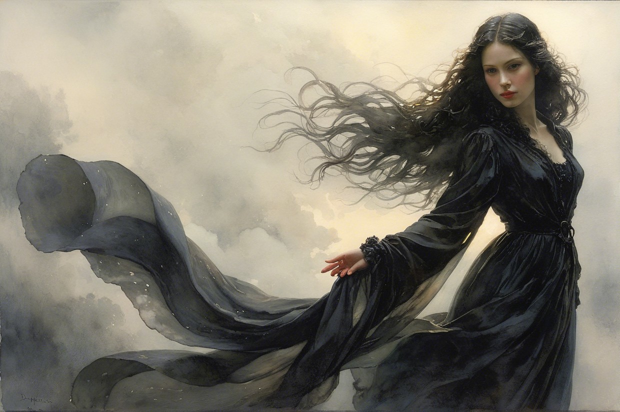 Mysterious Woman in Black Gown Against Cloudy Background
