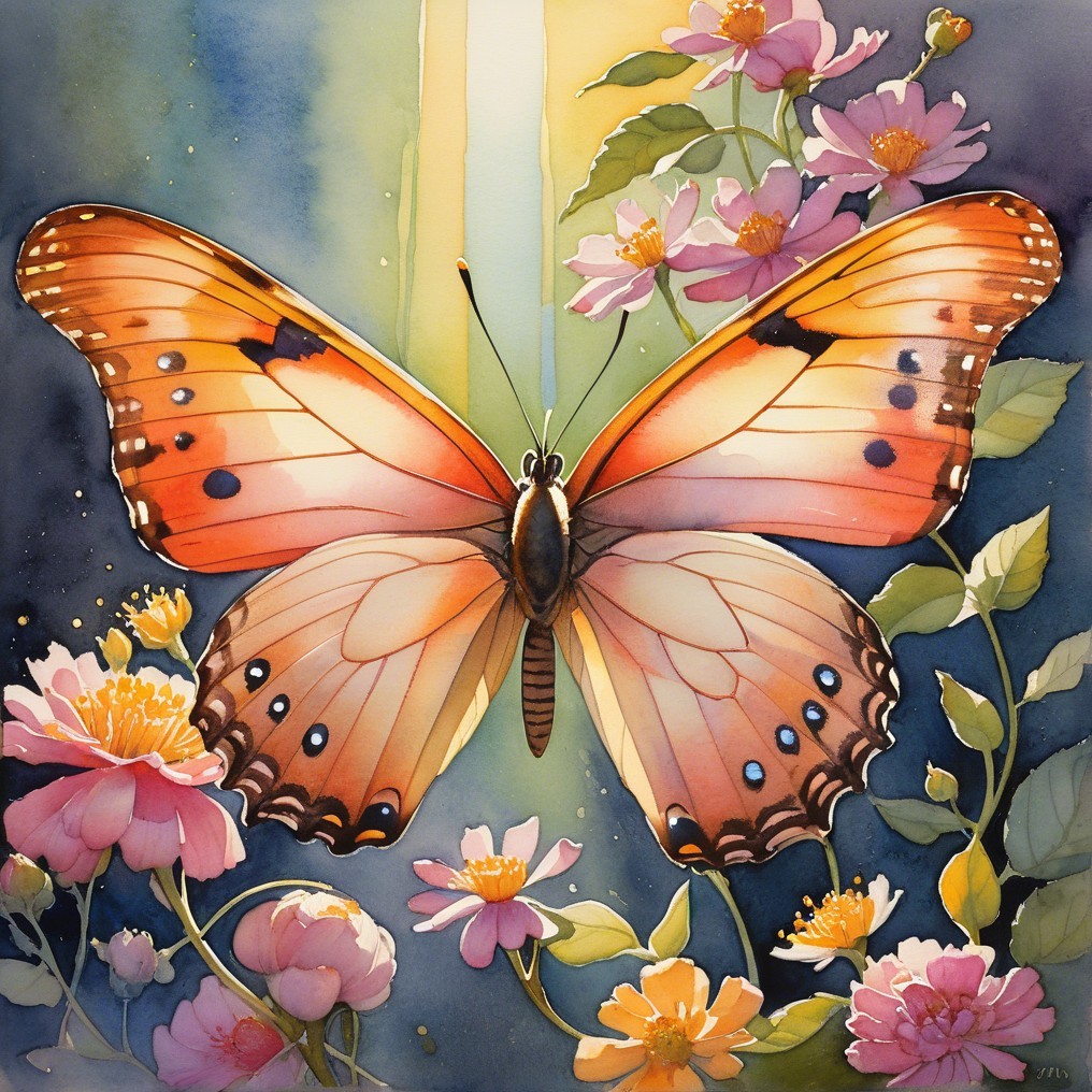 Vibrant Butterfly Surrounded by Colorful Flowers