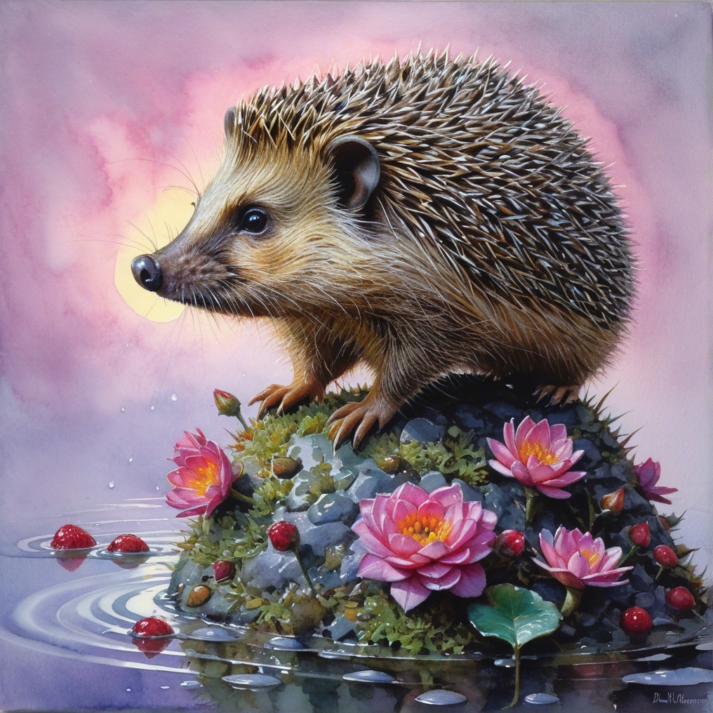 Hedgehog on Mossy Rock Among Water Lilies at Sunset