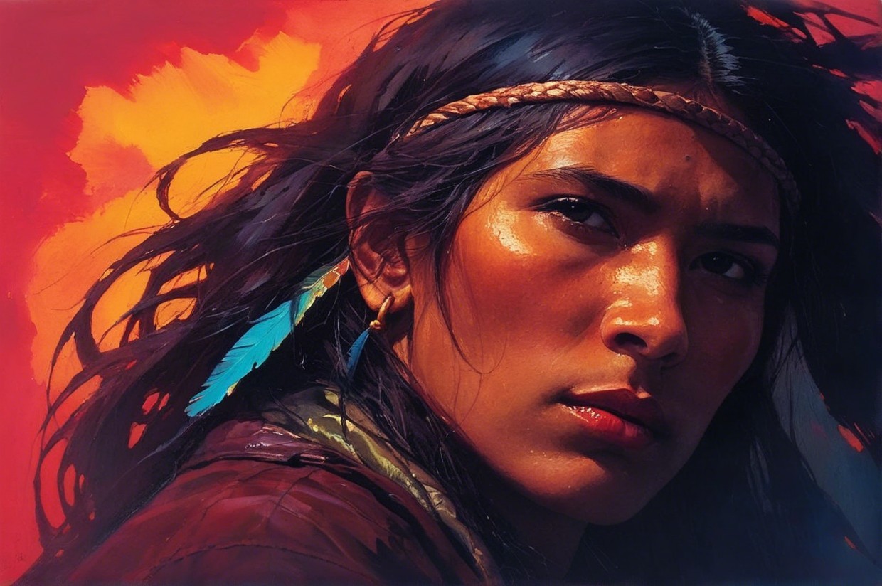 Close-up of a Native American woman with blue feather earring