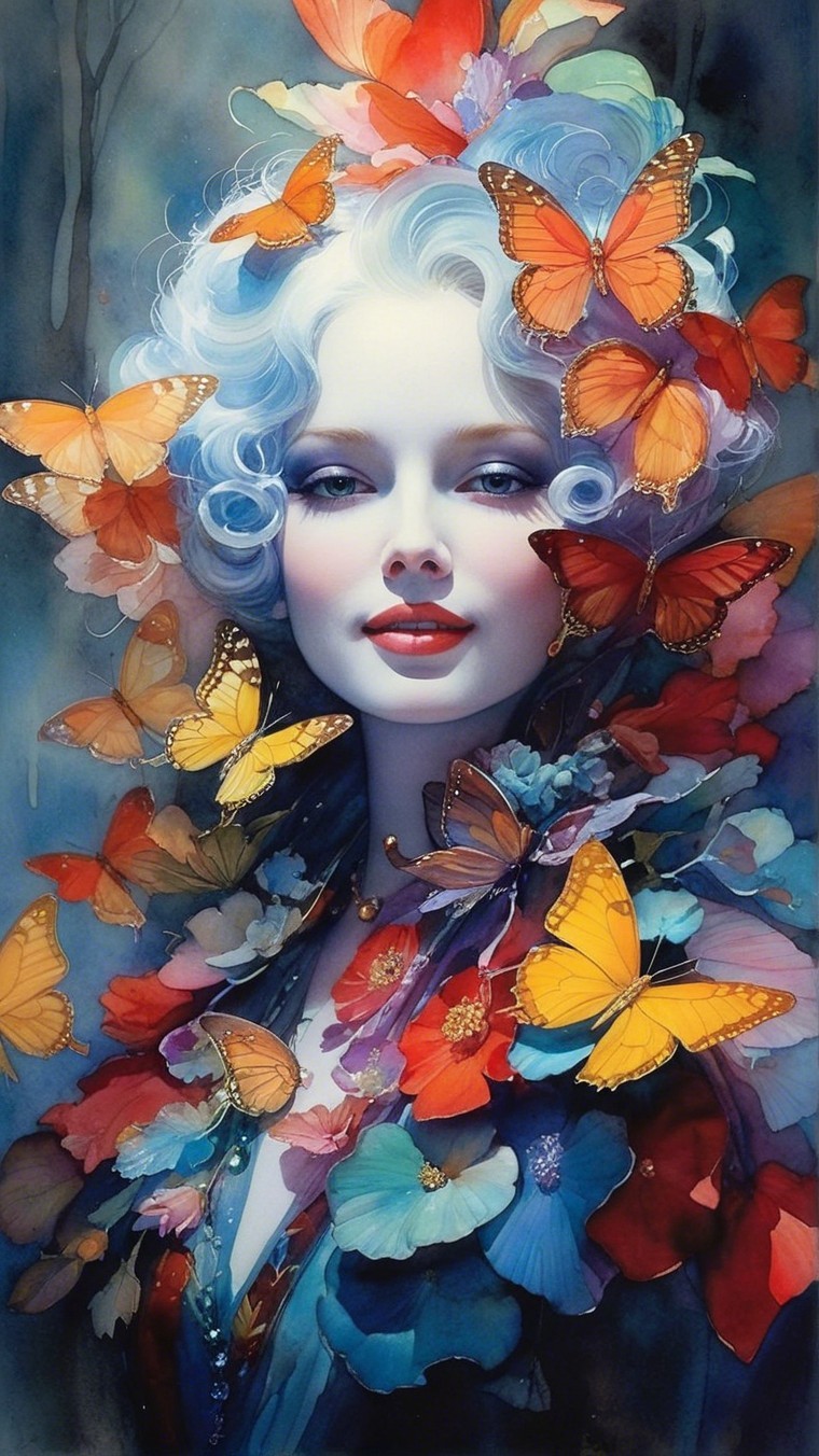 Portrait of a Woman with Butterflies and Flowers
