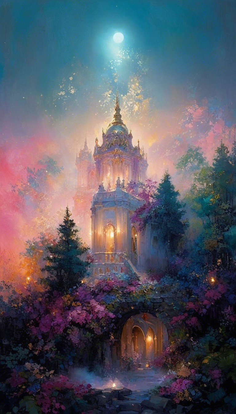 Majestic Temple Surrounded by Vibrant Nature and Moonlight