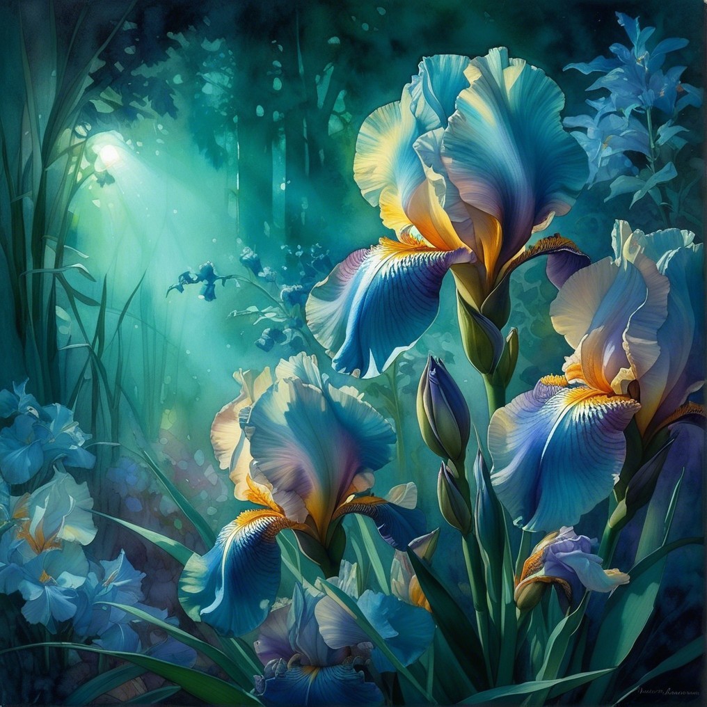 Vibrant Irises in Ethereal Light and Greenery
