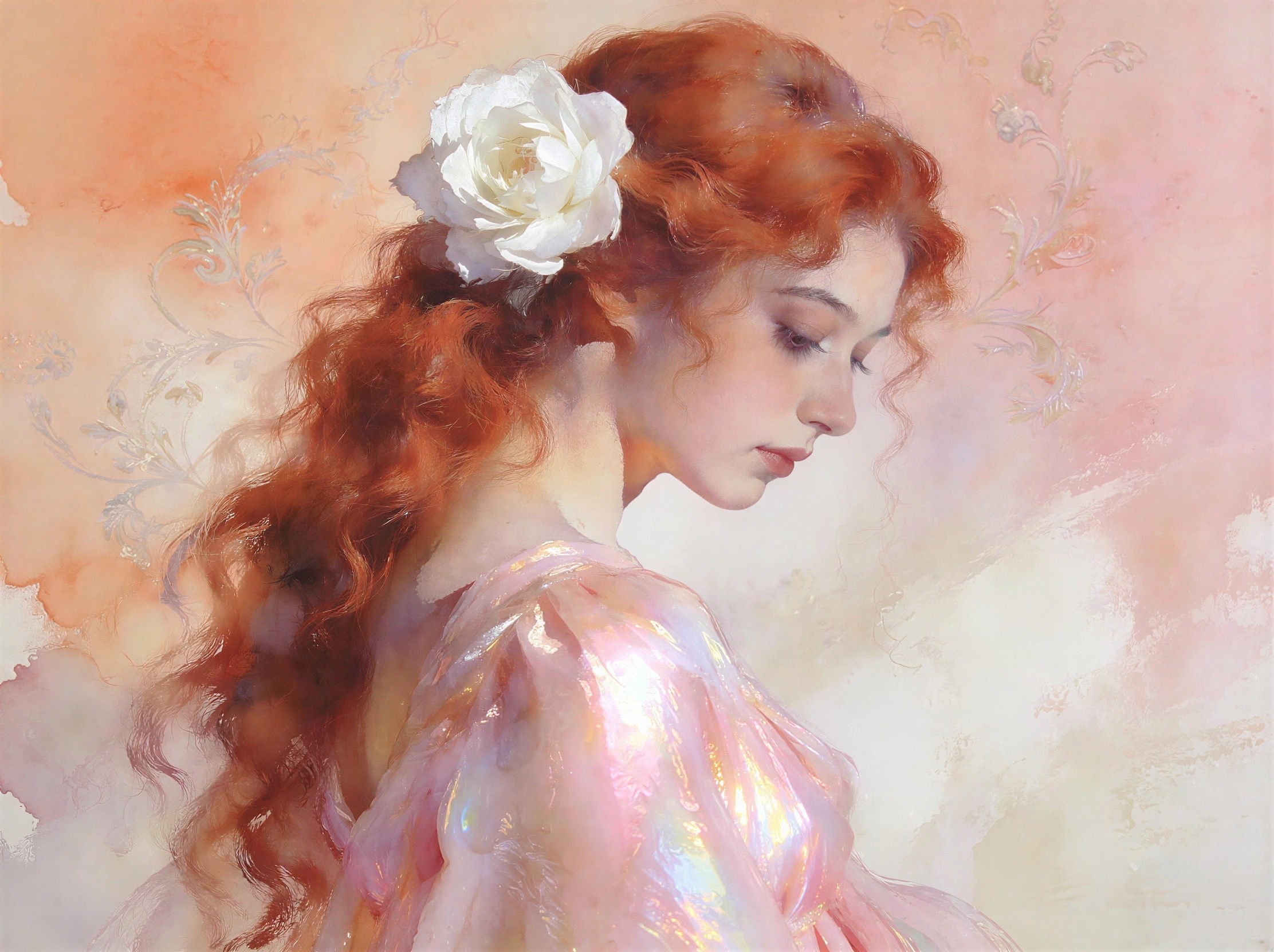 Detailed Watercolor of Young Woman in Iridescent Gown