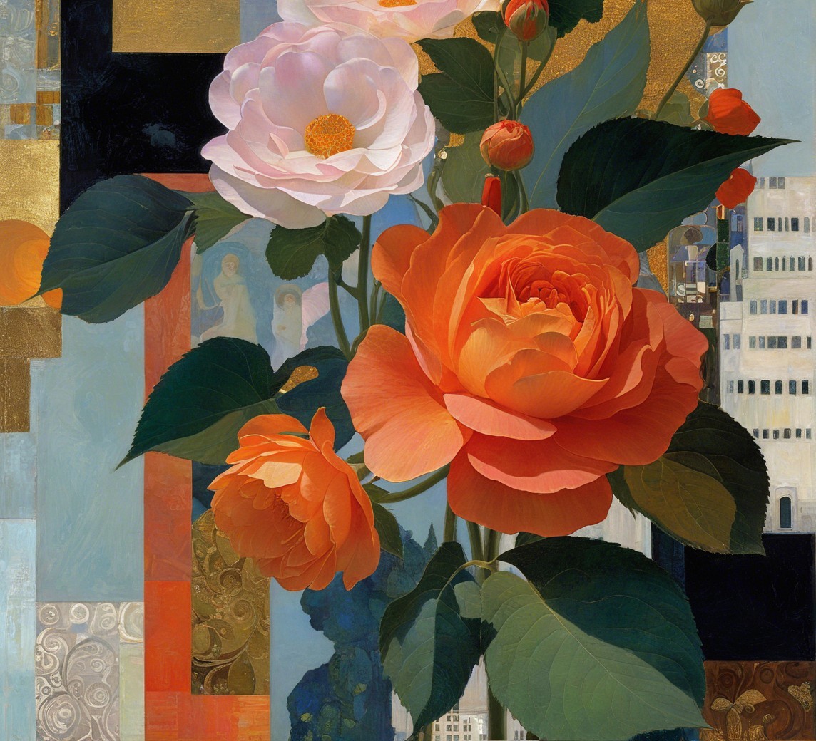 Colorful Digital Painting of Roses with Cityscape Background