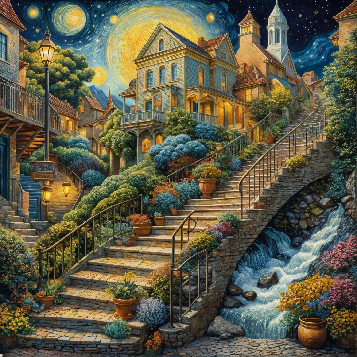 Illuminated Night Scene with House and Gardens