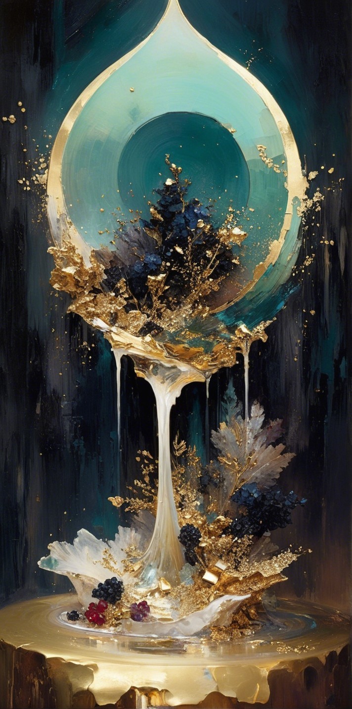 Surreal Composition with Teal and Gold Elements