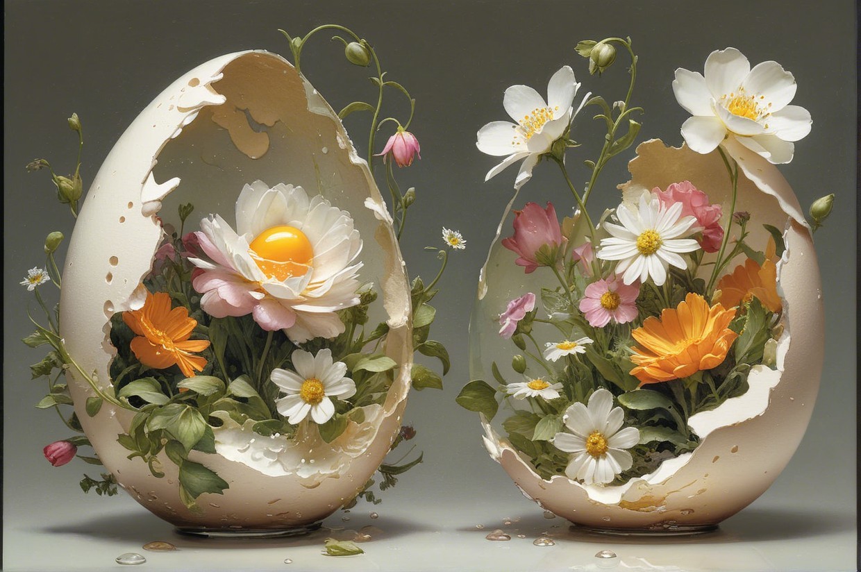 Whimsical Composition of Cracked Eggshells and Flowers