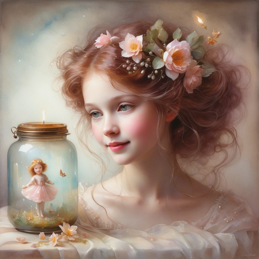 Ethereal Portrait of a Girl with Flowers and Fairy