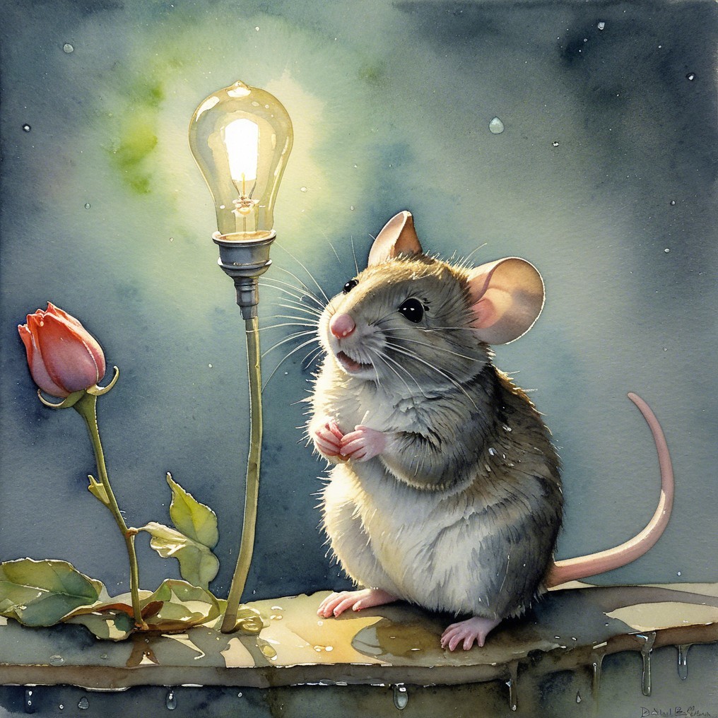 Watercolor Illustration of Mouse and Light Bulb Scene