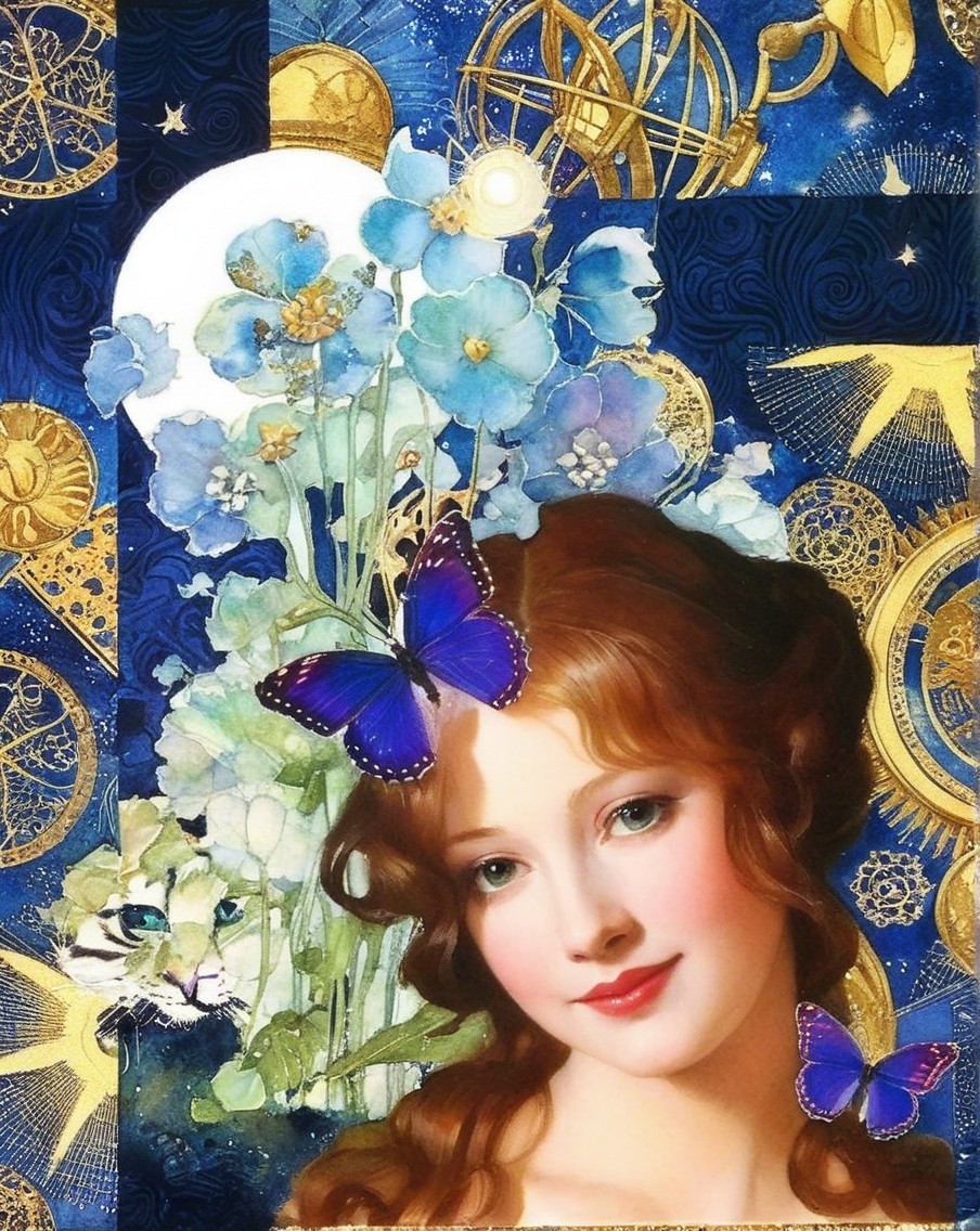 Woman with Red Hair Surrounded by Flowers and Butterflies