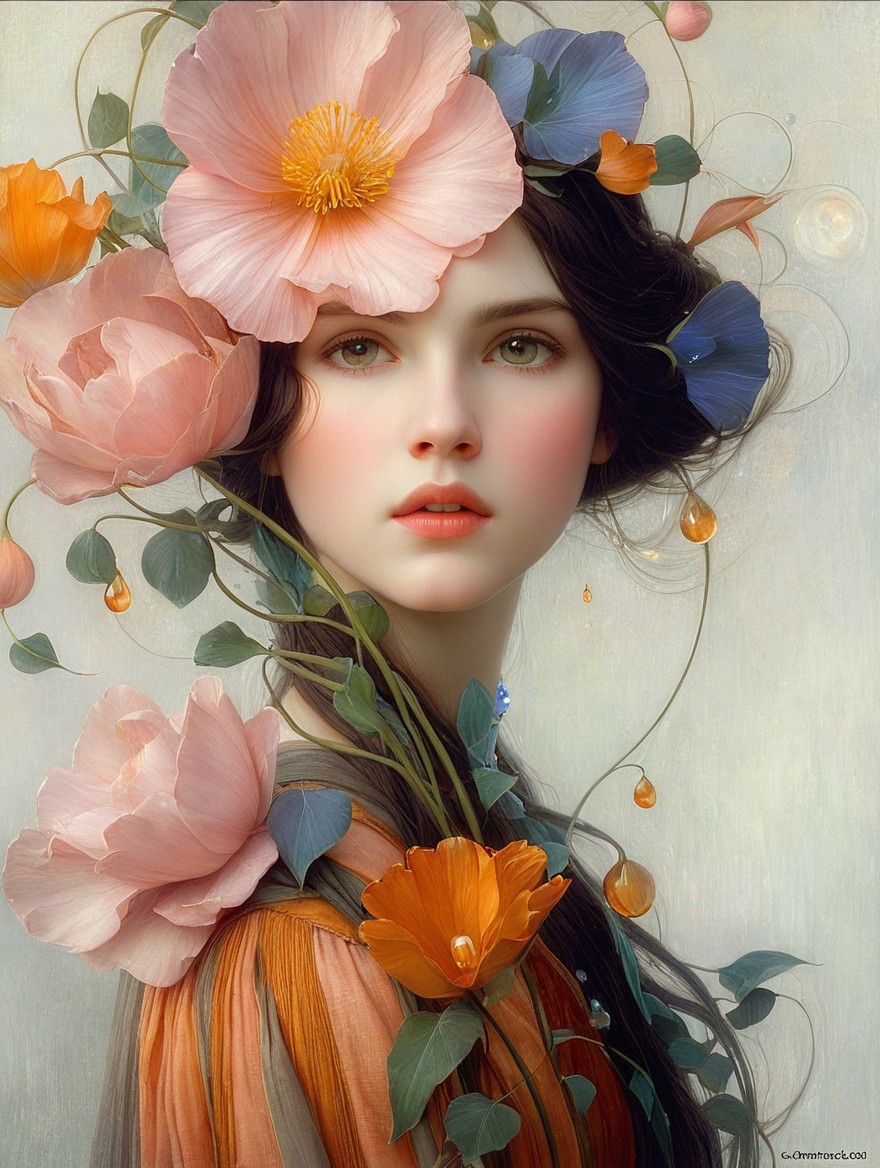 Portrait of a Young Woman with Floral Hair Adornment