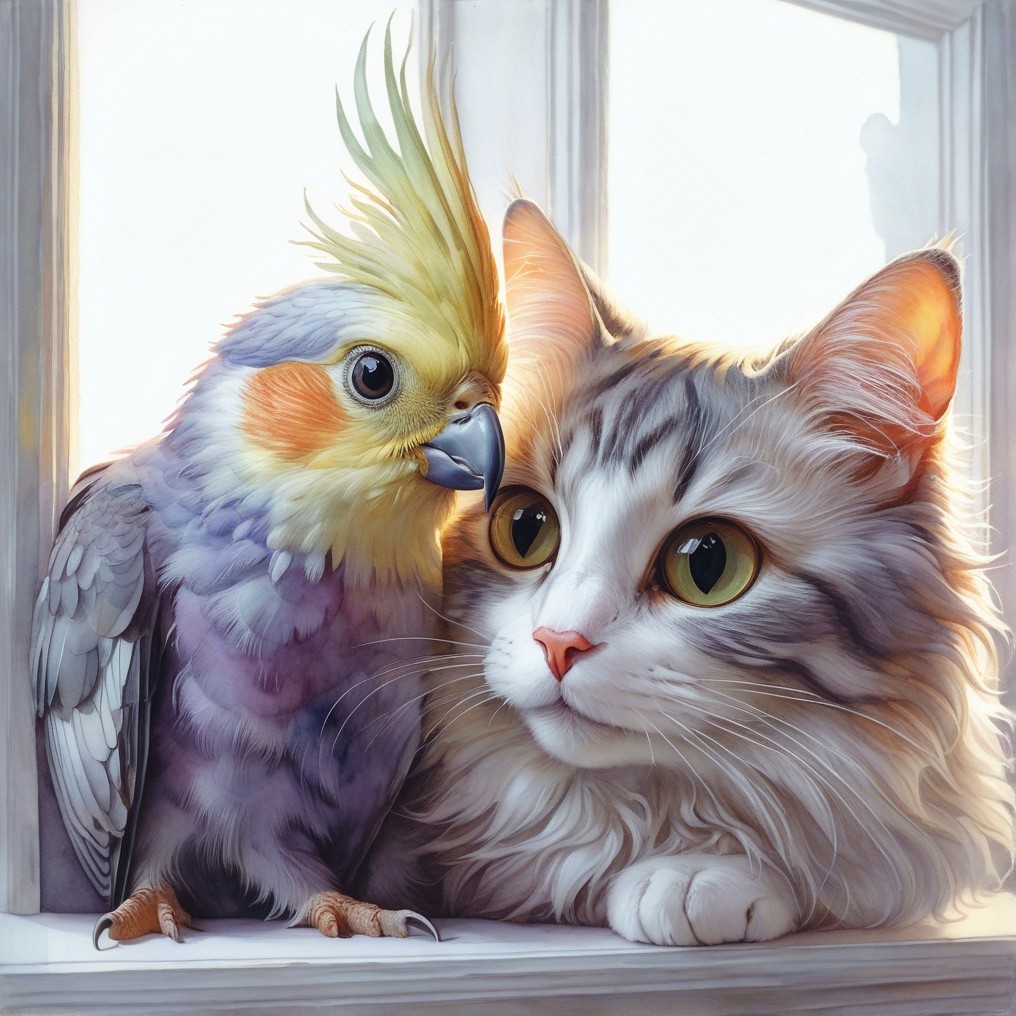 Fluffy Cat and Colorful Cockatiel by Sunlit Window