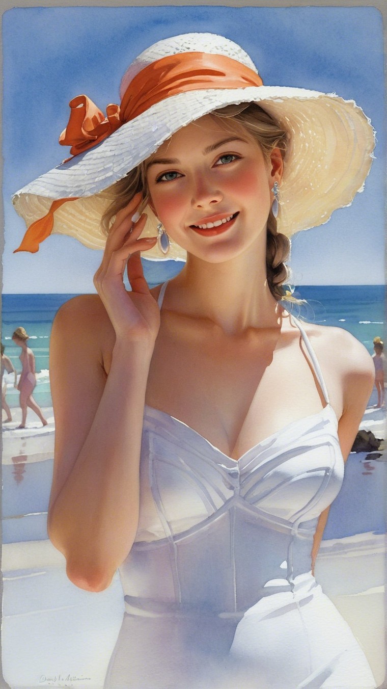 Young woman in white swimsuit at sunny beach scene