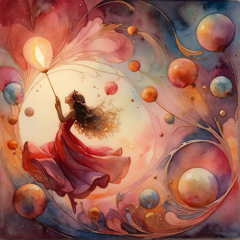 Whimsical Watercolor of Girl in Red Dress with Lantern