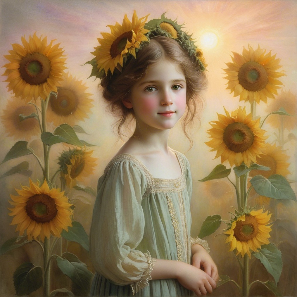 Young girl in sunflowers with floral crown and gown