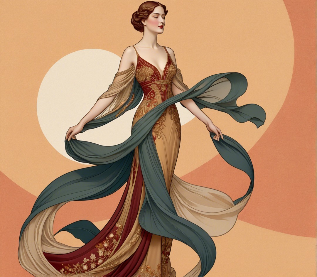 Elegant woman in gown with intricate patterns and colors