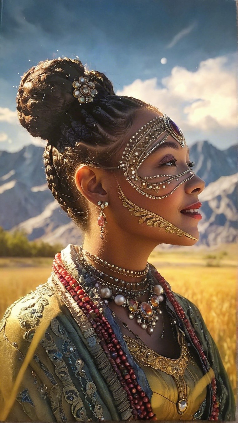 Woman in Traditional Attire Against Mountainous Landscape