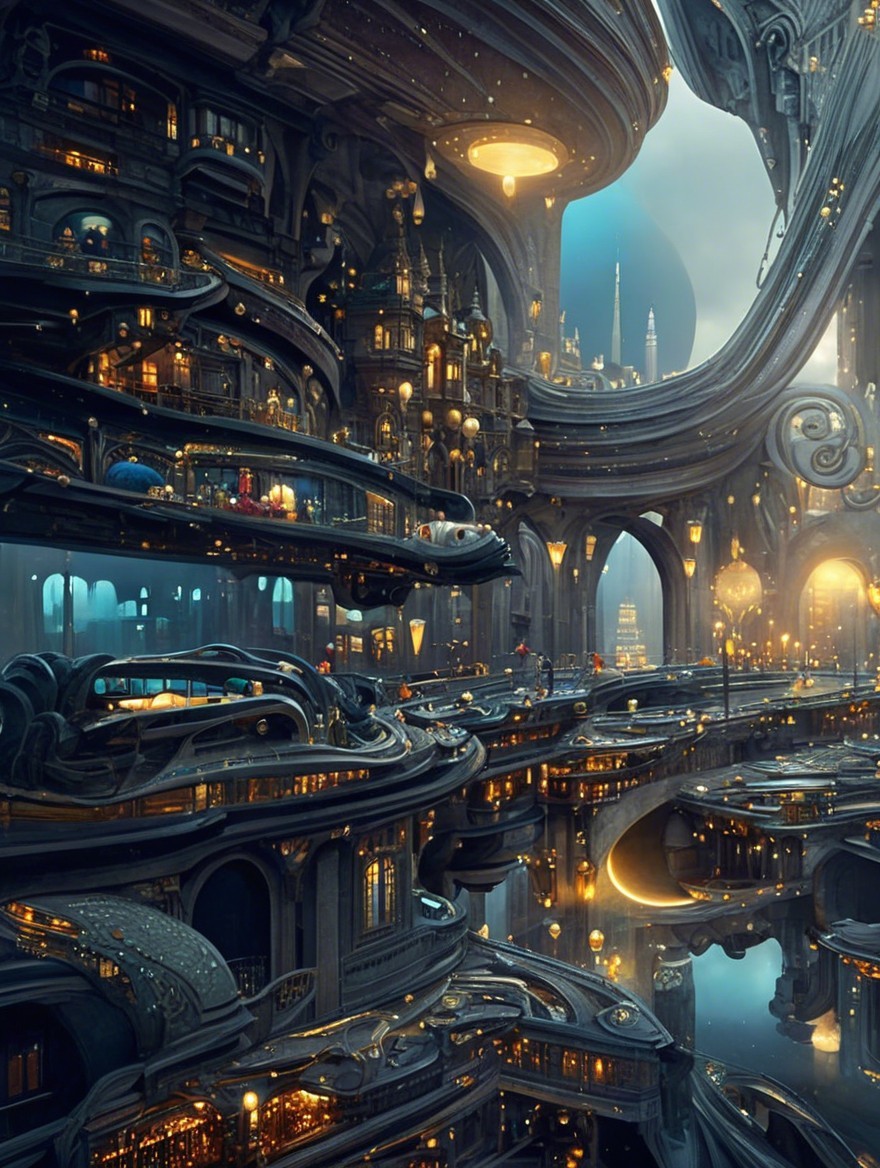 Futuristic cityscape with multi-layered architecture