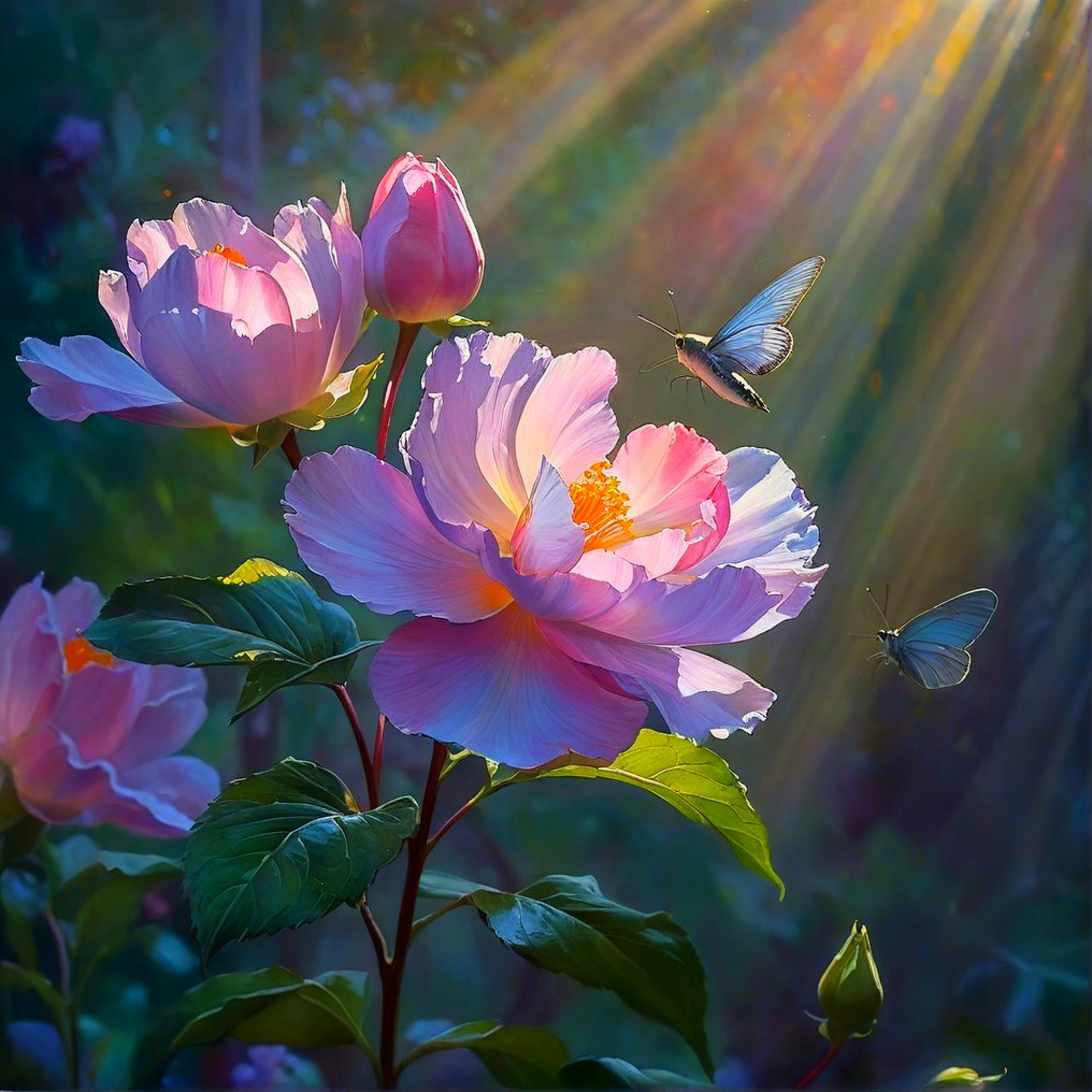 Serene garden scene with peonies and butterflies
