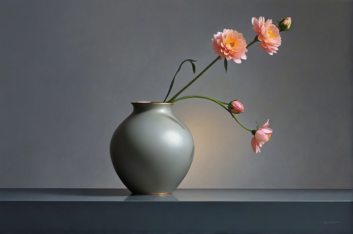 Still Life Painting of Green Vase with Pink Flowers