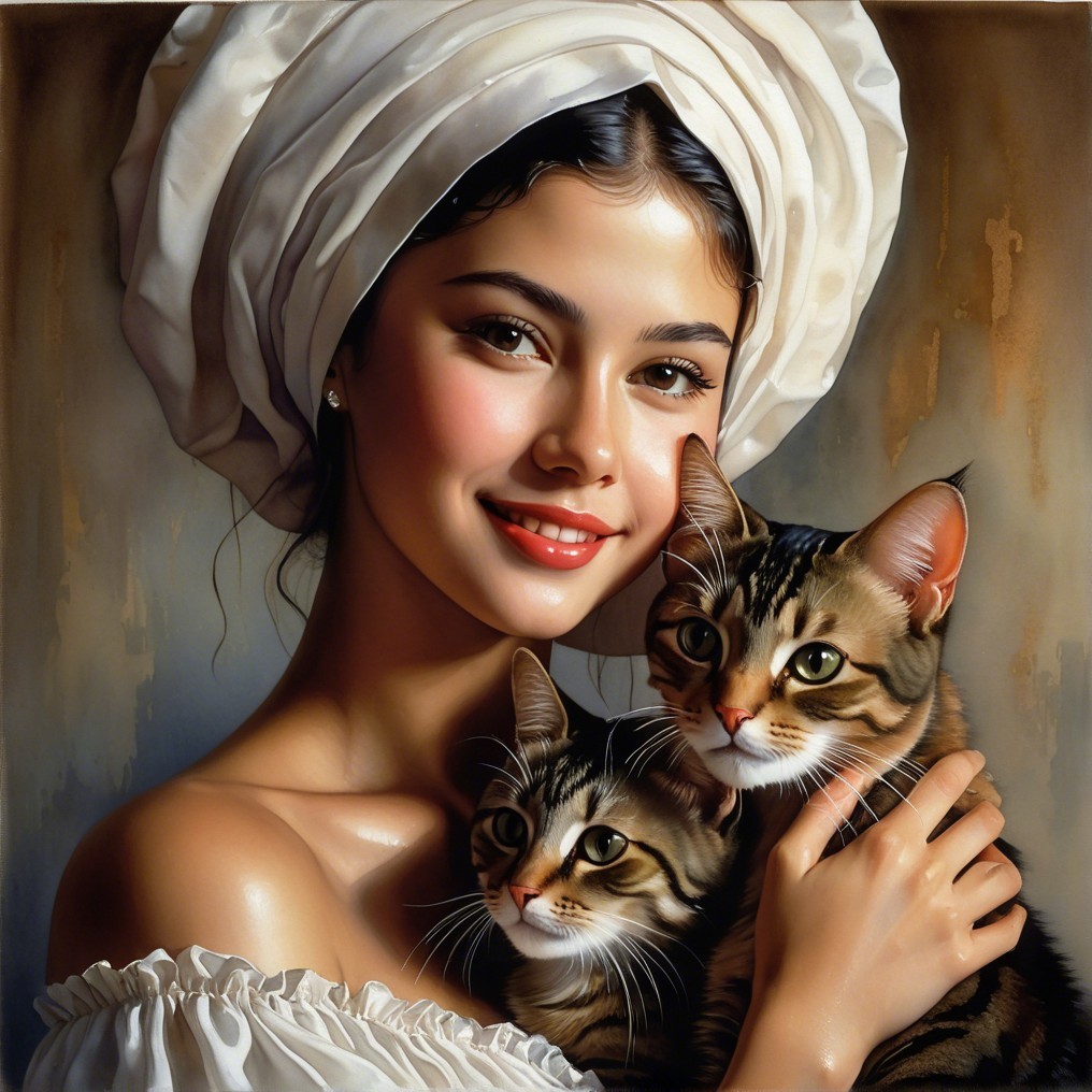 Young woman with tabby cats in serene setting