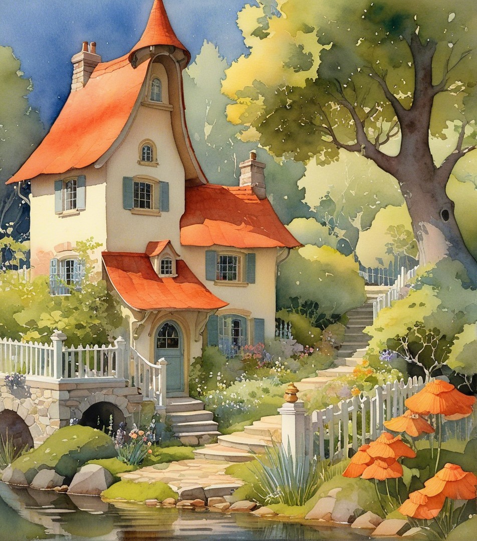 Whimsical cottage with red roof in vibrant greenery