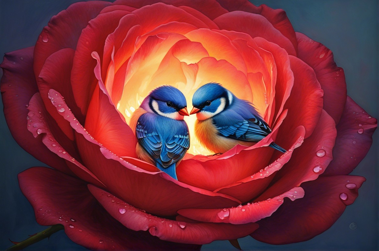 Bluebirds on Rose Petals with Water Drops