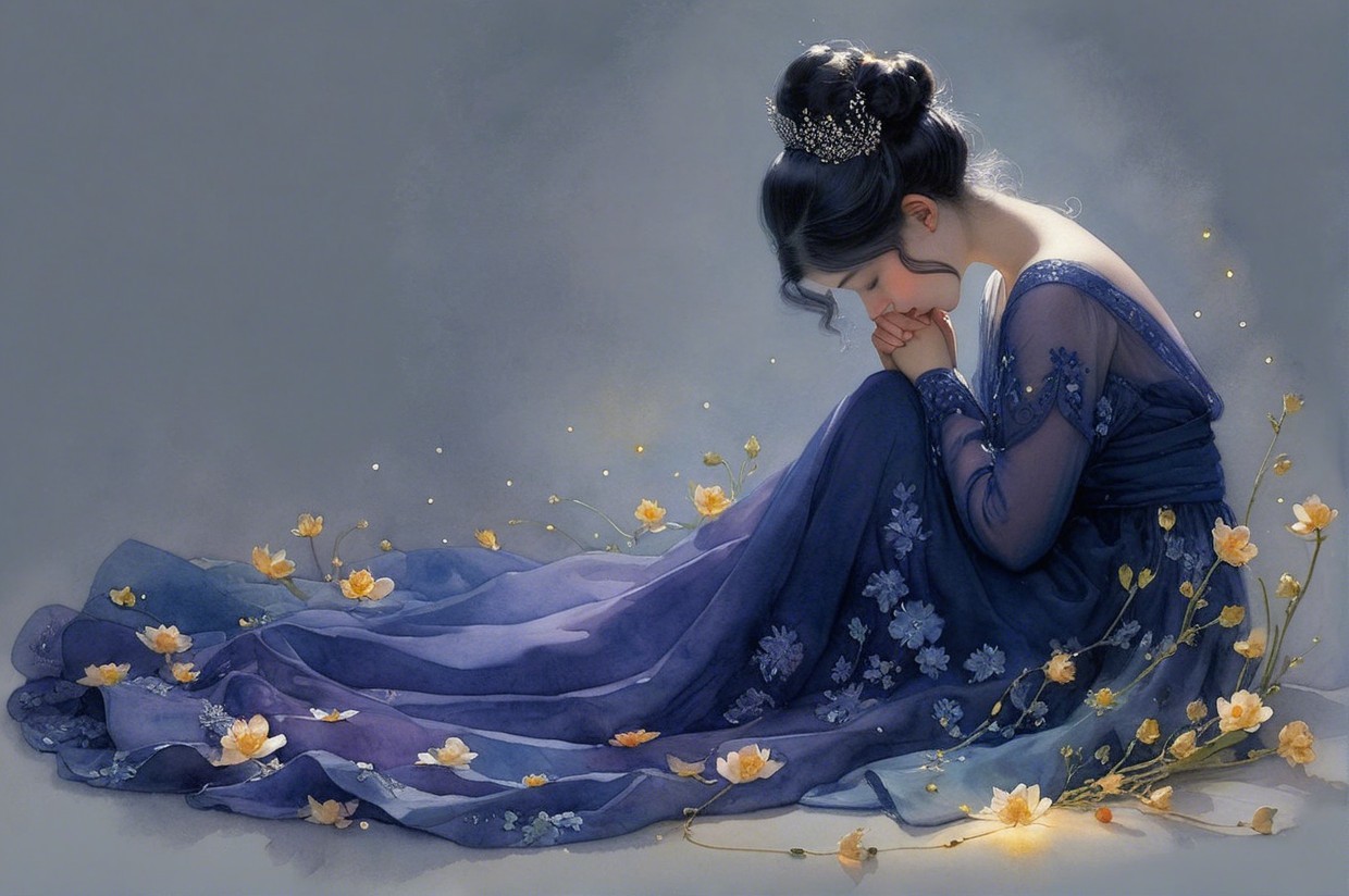 Young Woman in Blue Gown Surrounded by Flowers