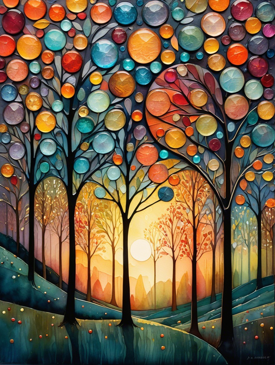 Vibrant Abstract Landscape with Colorful Trees and Sun